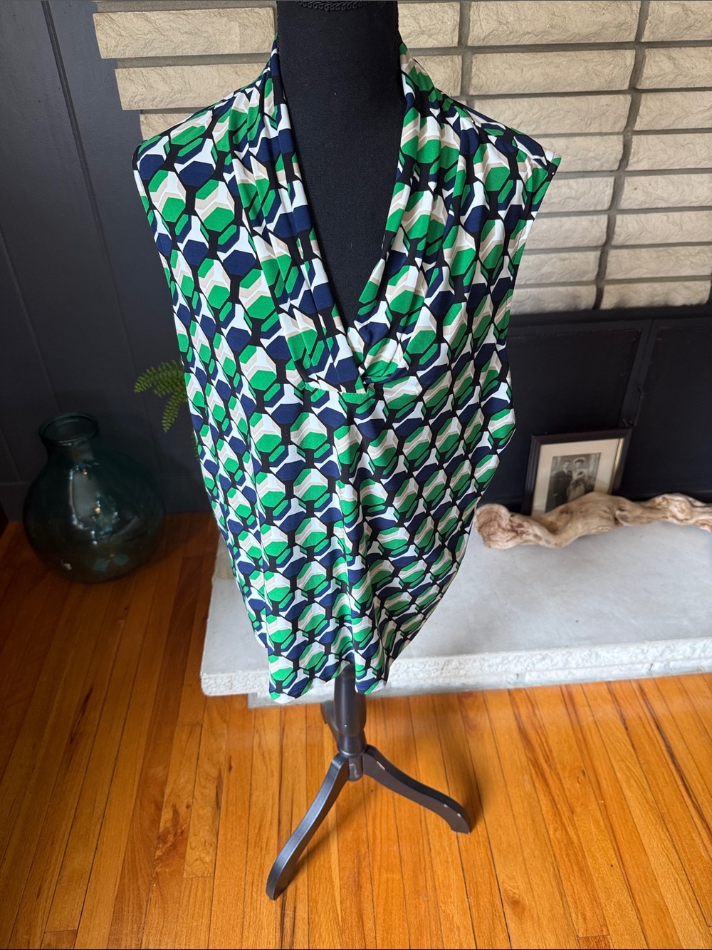 Anne Klein Green Navy & White Geometric Cowl Neck Sleeveless Blouse